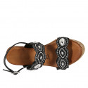 Woman's sandal in black leather with velcro straps and beads with wedge heel 9 - Available sizes:  32, 33, 34, 42, 43, 44, 45