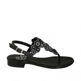 Woman's thong sandal in black leather with beads heel 2 - Available sizes:  32, 42, 44