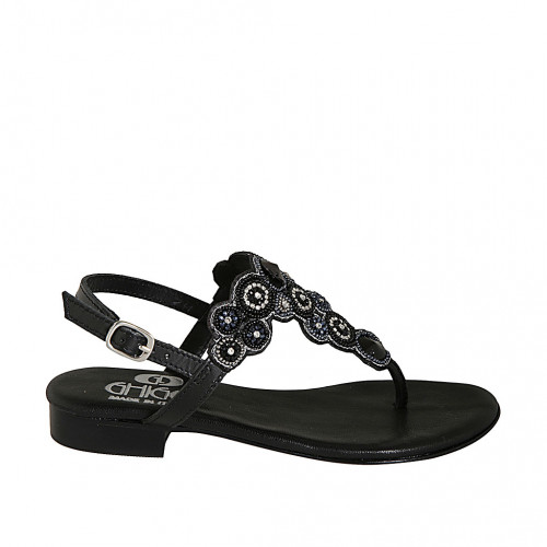 Sandale entredoigt pour femmes en cuir noir avec perles talon 2 - Pointures disponibles:  32, 33, 34, 42, 43, 44, 45