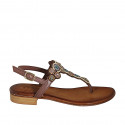 Woman's thong sandal in laminated brown leather with beads heel 2 - Available sizes:  32, 33, 34, 42, 43, 45