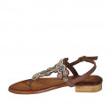 Woman's thong sandal in laminated brown leather with beads heel 2 - Available sizes:  32, 33, 34, 42, 43, 45