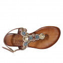 Woman's thong sandal in laminated brown leather with beads heel 2 - Available sizes:  32, 33, 34, 42, 43, 45