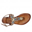 Woman's thong sandal in laminated brown leather with beads heel 2 - Available sizes:  33