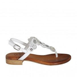 Woman's thong sandal in white leather with beads heel 2 - Available sizes:  32, 43