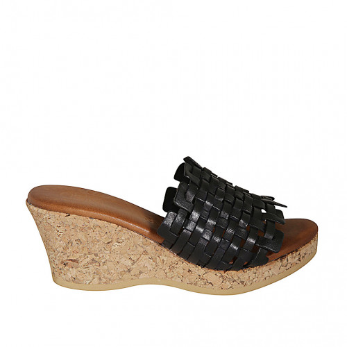 Woman's mules in black braided leather with platform and wedge heel 7 - Available sizes:  32, 33, 42, 43, 44, 45