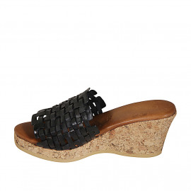 Sabo para mujer en piel trensada negra con plataforma y cuña 7 - Tallas disponibles:  42 2