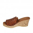 Woman's mules in cognac brown braided leather with platform and wedge heel 7 - Available sizes:  32, 33, 34, 42, 43, 44, 45