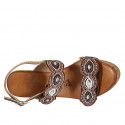 Woman's sandal in brown leather with velcro straps and beads with wedge heel 9 - Available sizes:  32, 33, 34, 42, 43, 44, 45