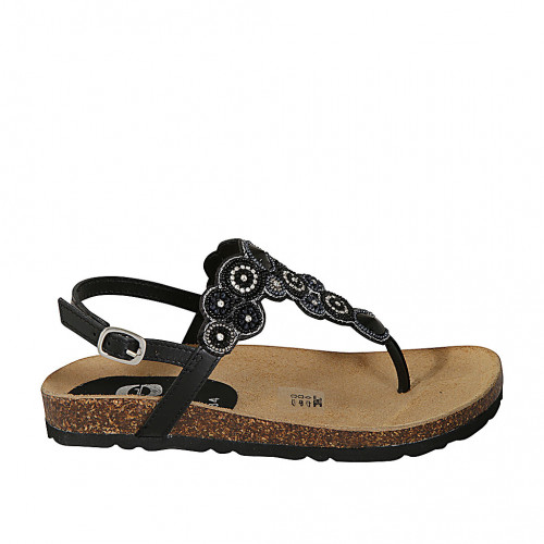 Woman's thong sandal in black leather with beads wedge heel 2 - Available sizes:  32, 33, 34, 42, 43, 44, 45