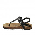 Woman's thong sandal in black leather with beads wedge heel 2 - Available sizes:  32, 33, 34, 42, 43, 44, 45