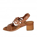 Woman's sandal in cognac brown braided leather heel 5 - Available sizes:  32, 33, 42, 43, 44