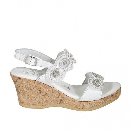 Woman's sandal in white leather with velcro straps and beads with wedge heel 7 - Available sizes:  33, 34, 42, 43, 44, 45