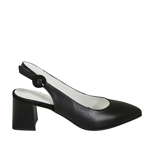 Chaussure ouverte au talon à bout pointu pour femmes en cuir noir talon carré 6 - Pointures disponibles:  32, 33, 34, 43, 45