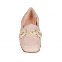 Woman's loafer with squared tip and accessory in light pink leather heel 1 - Available sizes:  32, 33, 34, 42, 43, 44, 45