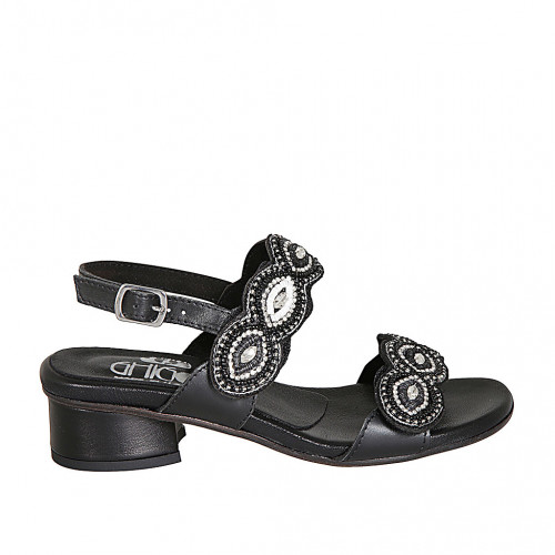 Sandale pour femmes en cuir noir avec fermetures velcro et perles avec talon 4 - Pointures disponibles:  42