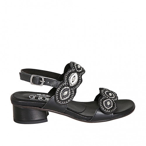 Sandale pour femmes en cuir noir avec fermetures velcro et perles avec talon 4 - Pointures disponibles:  32, 33, 34, 42, 43, 44