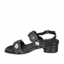 Sandalo da donna in pelle nera con velcro e perline tacco 4 - Misure disponibili: 32, 33, 34, 42, 43, 44
