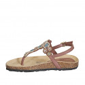 Woman's thong sandal in laminated brown leather with beads wedge heel 2 - Available sizes:  32, 33, 34, 42, 43, 44, 45
