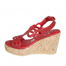 Woman's sandal in red braided leather with platform and wedge heel 9 - Available sizes:  42, 44 2