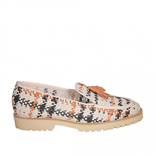 Mocassino da donna in pelle intrecciata rosa, nera e arancione con nappine tacco 3 - Misure disponibili: 42, 43, 44, 45