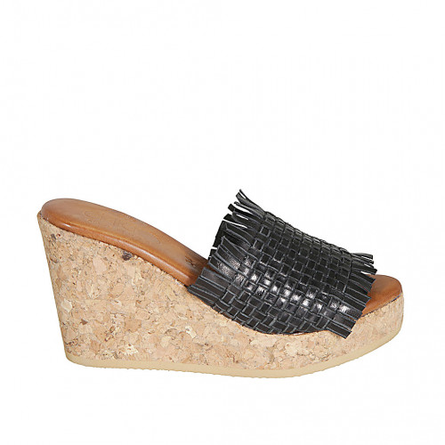 Woman's mules in black braided leather with platform and wedge heel 9 - Available sizes:  32, 33, 34, 42, 43, 44, 45