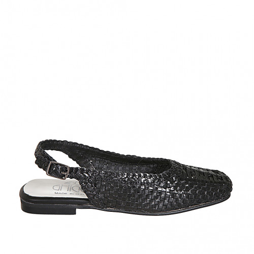 Woman's slingback in black braided leather heel 1 - Available sizes:  32, 33, 34, 42, 43, 44