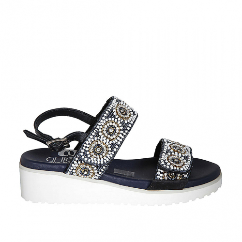 Woman's sandal in blue leather with adjustable velcro straps, beads and rhinestones wedge heel 4 - Available sizes:  34, 42, 43, 44, 45