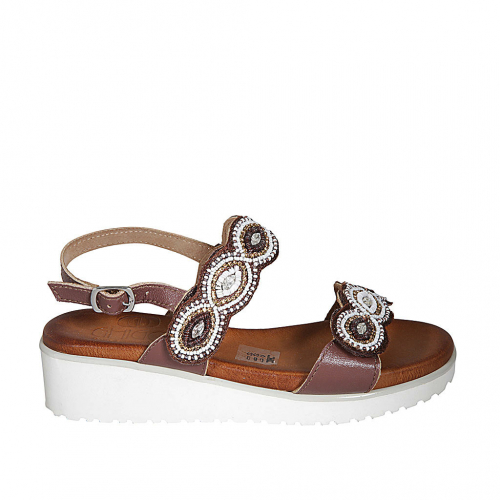Woman's sandal in brown leather with adjustable velcro straps, beads and rhinestones wedge heel 4 - Available sizes:  33, 34, 42, 43, 44, 45