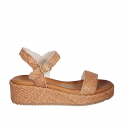 Woman's platform sandal in cognac brown braided leather wedge heel 5 - Available sizes:  33, 34, 42, 43, 44