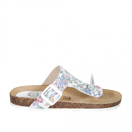 Woman's thong mules in white multicolored printed leather with buckle wedge heel 2 - Available sizes:  32, 33, 34, 42, 43