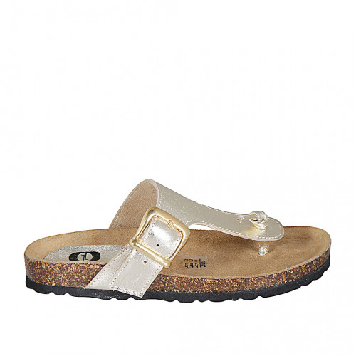 Woman's thong mules in platinum laminated leather with buckle wedge heel 2 - Available sizes:  32, 33, 34, 42, 43, 44, 45