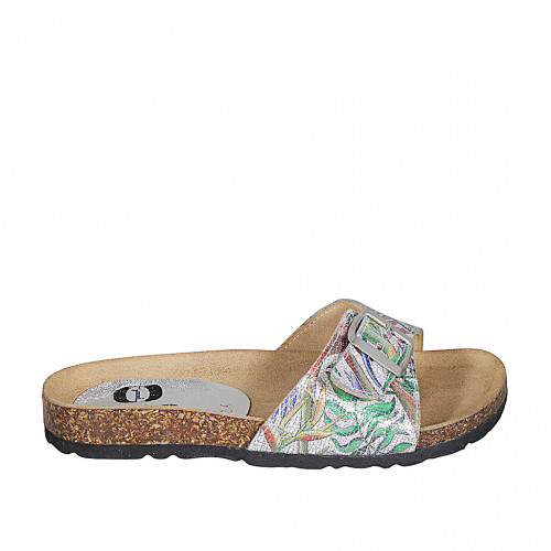 Woman's mules in silver and multicolored printed leather with buckle wedge heel 2 - Available sizes:  32, 33, 34, 42, 43, 44, 45