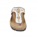 Woman's thong mule in brown leather with velcro strap, white beads and rhinestones wedge heel 2 - Available sizes:  32, 33, 34, 42, 43, 44, 45