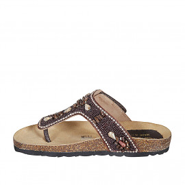 Sabot infradito da donna in pelle marrone scuro con velcro, perline e strass zeppa 2 - Misure disponibili: 32, 42 2