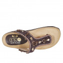Woman's thong mule in dark brown leather with velcro strap, beads and rhinestones wedge heel 2 - Available sizes:  32, 33, 34, 42, 43, 44, 45