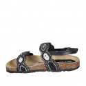 Woman's sandal in black leather with velcro straps, beads and rhinestones wedge heel 2 - Available sizes:  32, 33, 34, 42, 43, 44, 45