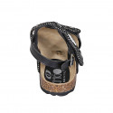 Woman's sandal in black leather with velcro straps, beads and rhinestones wedge heel 2 - Available sizes:  32, 33, 34, 42, 43, 44, 45