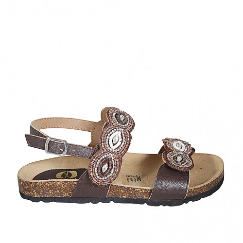 Woman's sandal in brown leather with velcro straps, beads and rhinestones wedge heel 2 - Available sizes:  32, 33, 34, 42, 43, 44, 45