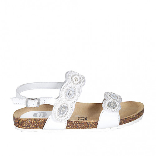 Woman's sandal in white leather with velcro straps, beads and rhinestones wedge heel 2 - Available sizes:  32, 33, 34, 42, 43, 44, 45