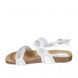 Woman's sandal in white leather with velcro straps, beads and rhinestones wedge heel 2 - Available sizes:  32 2