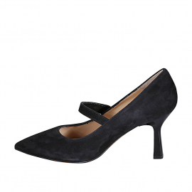 Woman's pointy Mary Jane in black suede with strap heel 8 - Available sizes:  44, 45 2