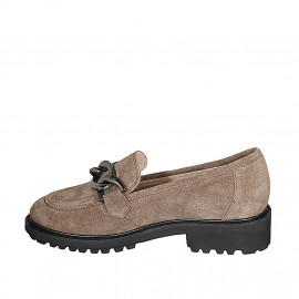 Woman's mocassin with chain in taupe suede heel 3 - Available sizes:  43, 45 2