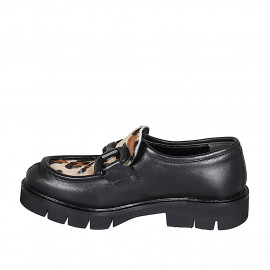 Woman's mocassin with accessory in black leather and spotted haircalf heel 3 - Available sizes:  35, 45 2
