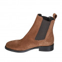 Woman's ankle boot with elastic bands in cognac brown suede with heel 3 - Available sizes:  32, 42, 43, 45