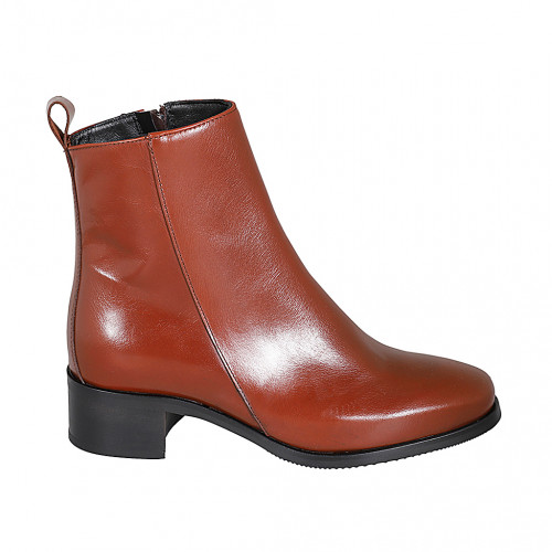 Woman's ankle boot with zipper and squared tip in cognac brown leather heel 4 - Available sizes:  32, 35, 44, 45