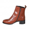 Woman's ankle boot with zipper and squared tip in cognac brown leather heel 4 - Available sizes:  32, 35, 44, 45
