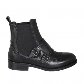 Botin para mujer con elasticos, doble monk strap y punta de ala en piel negra tacon 3 - Tallas disponibles: 32, 35, 44