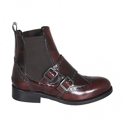 Woman's ankle boot with elastic bands, double monk strap and wingtip in maroon brush-off leather heel 3 - Available sizes:  32, 35, 43, 44, 46