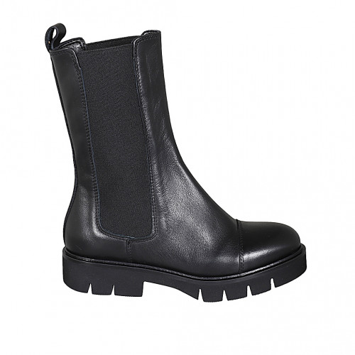 Woman's high ankle boot with elastic bands and captoe in black leather heel 3 - Available sizes:  32, 33