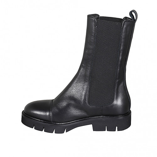 Hohe Damenstiefelette mit Gummibändern und Kappe aus schwarzem Leder Absatz 3